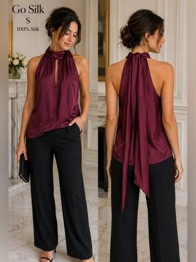 Go Silk Halter Blouse Small 100% Silk Burgundy Tie Neck Sleeveless Luxury office